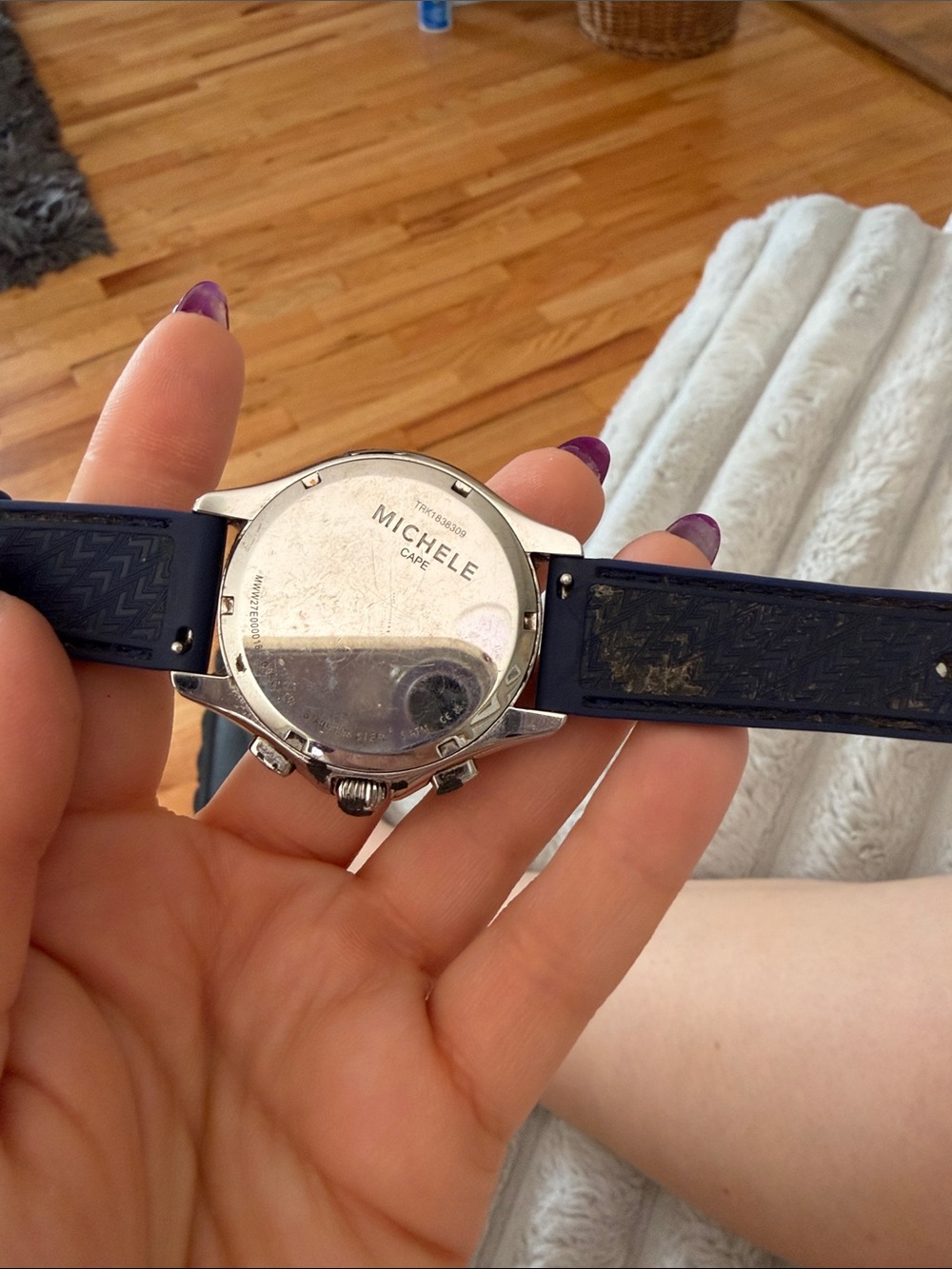 Michele Navy Strap Cape Watch with Gold-Tone Bezel and White Dial - Picture 3 of 3